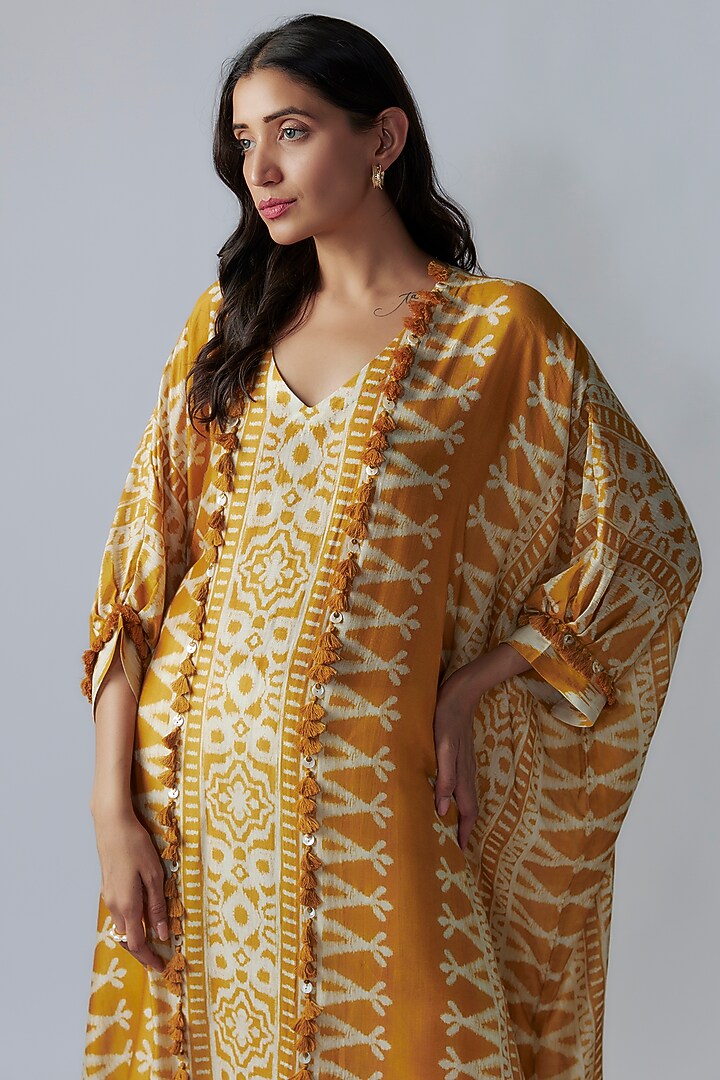 Mustard Cotton Silk Digital Printed Kaftan Set by Pooja & Keyur at Pernia's Pop Up Shop