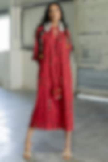 Brown Cotton Satin Embroidered Midi Dress by Pooja & Keyur