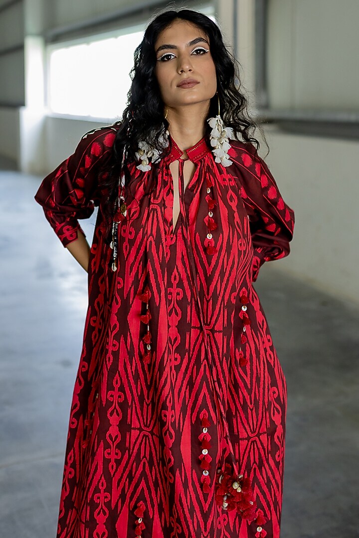 Brown Cotton Satin Embroidered Midi Vacation Dress by Pooja & Keyur at Pernia's Pop Up Shop