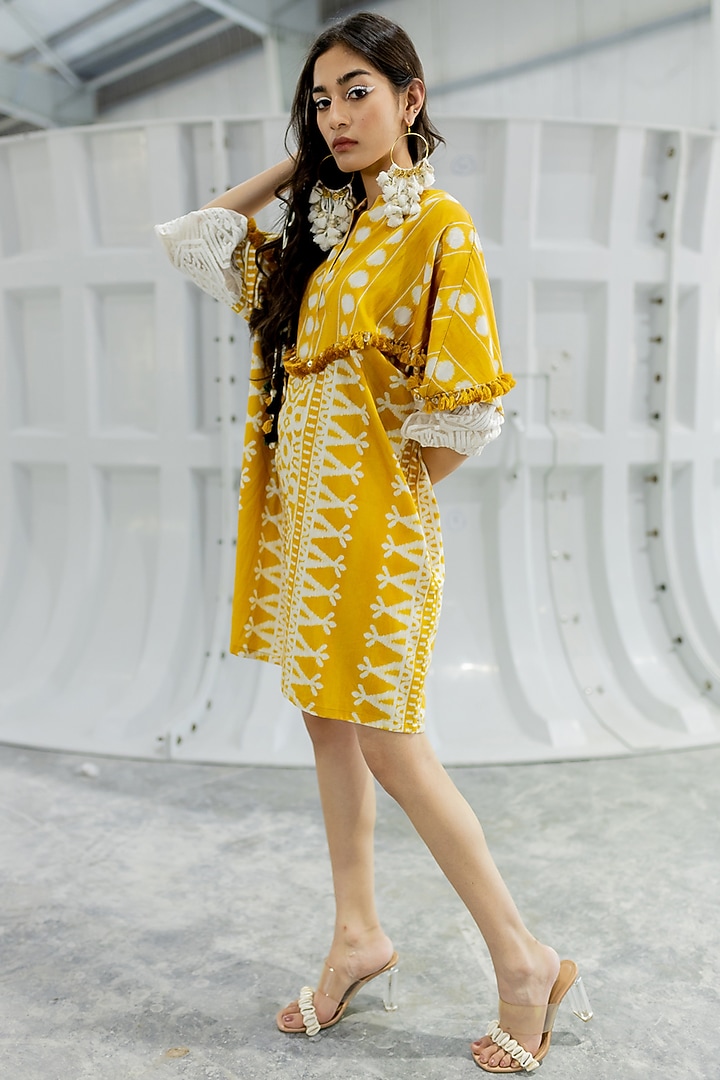 Mustard Cotton Satin Mini Vacation Dress by Pooja & Keyur at Pernia's Pop Up Shop