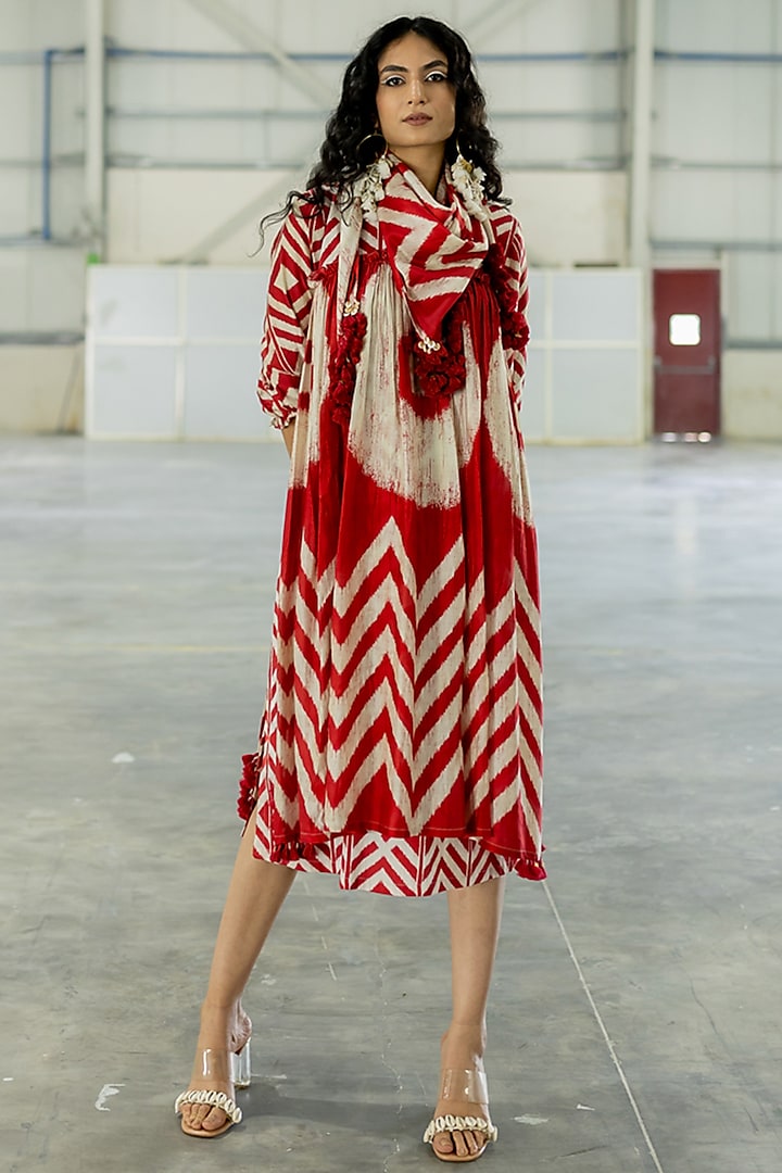Brick Cotton Silk & Cotton Satin Midi Dress by Pooja & Keyur