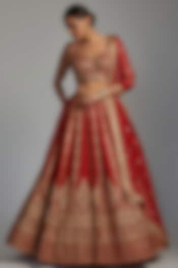 Red Raw Silk Embroidered Bridal Lehenga Set by Pooja & Keyur at Pernia's Pop Up Shop