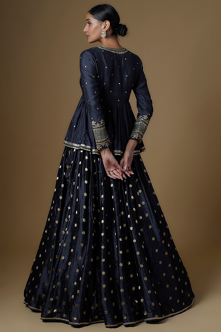 Navy Blue Silk Brocade Embroidered Wedding Lehenga Set by Pooja & Keyur at Pernia's Pop Up Shop