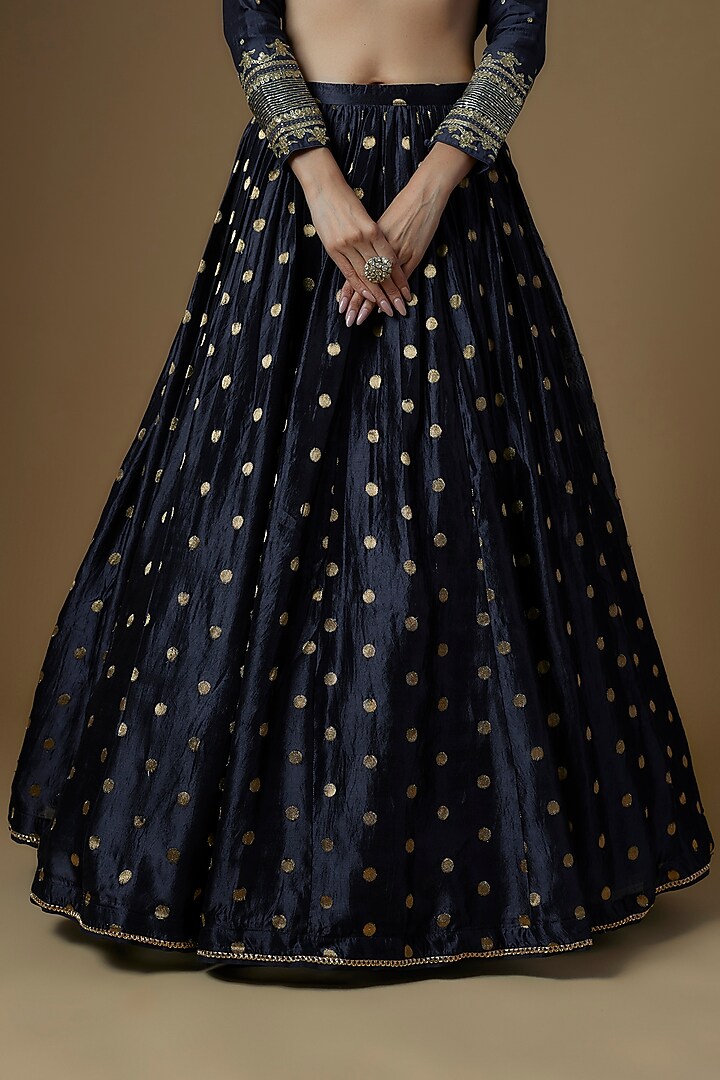 Navy Blue Silk Brocade Embroidered Wedding Lehenga Set by Pooja & Keyur at Pernia's Pop Up Shop