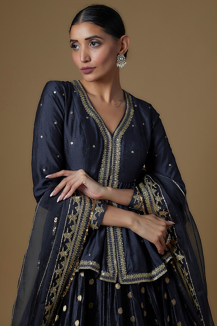 Navy Blue Silk Brocade Embroidered Wedding Lehenga Set by Pooja & Keyur at Pernia's Pop Up Shop