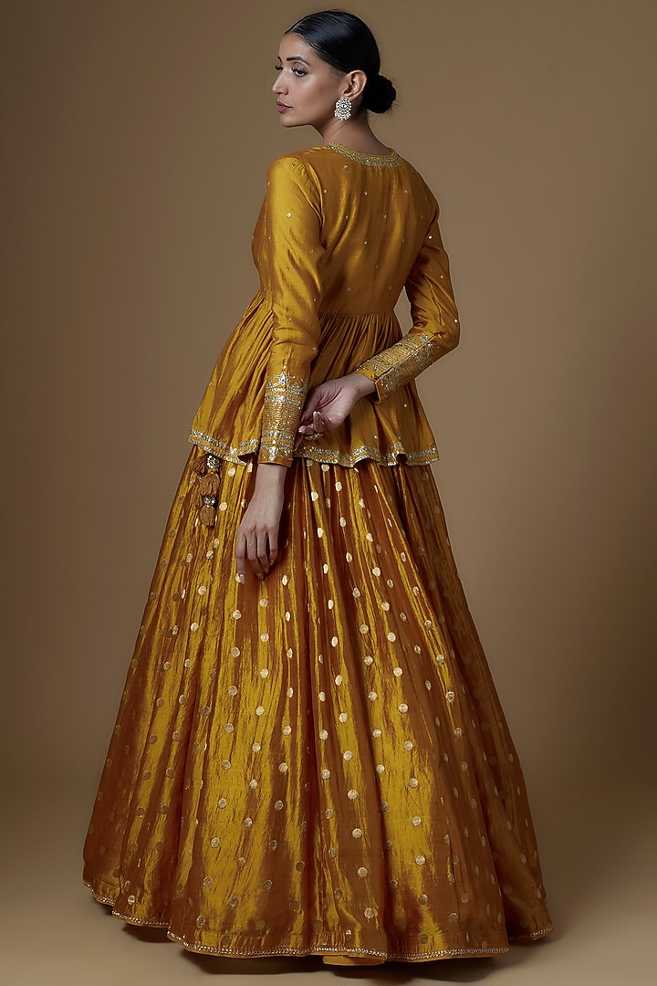 Mustard Silk Brocade Embroidered Wedding Lehenga Set by Pooja & Keyur at Pernia's Pop Up Shop
