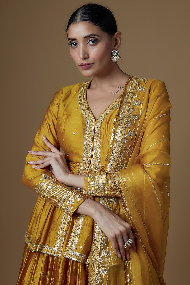Mustard Silk Brocade Embroidered Wedding Lehenga Set by Pooja & Keyur at Pernia's Pop Up Shop