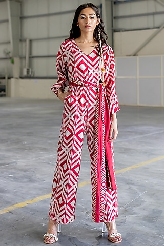 Brick Cotton Satin Embroidered Jumpsuit by Pooja & Keyur