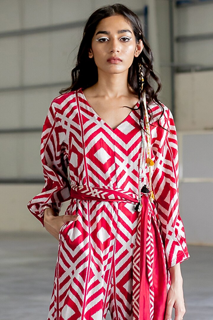 Brick Cotton Satin Embroidered Jumpsuit by Pooja & Keyur at Pernia's Pop Up Shop