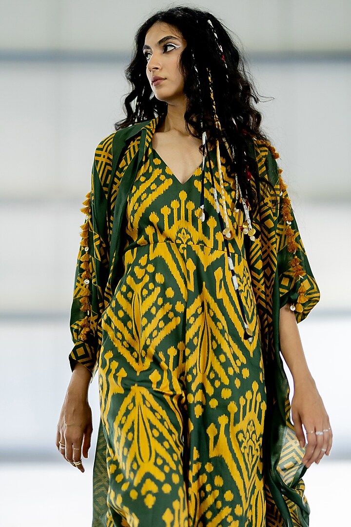 Olive Green Cotton Satin Jumpsuit by Pooja & Keyur at Pernia's Pop Up Shop