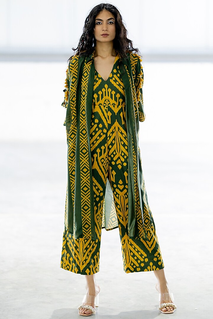 Olive Green Cotton Satin Jumpsuit by Pooja & Keyur at Pernia's Pop Up Shop