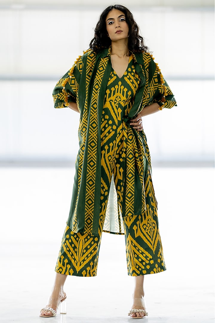 Olive Green & Mustard Cotton Silk Overlay by Pooja & Keyur at Pernia's Pop Up Shop