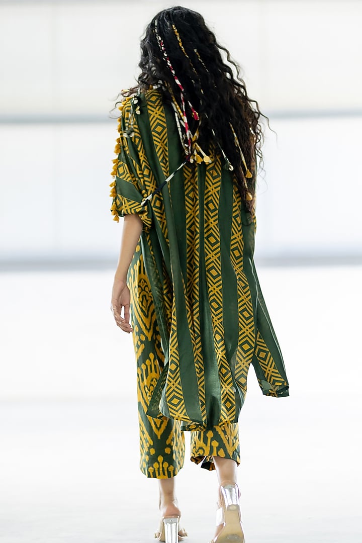 Olive Green & Mustard Cotton Silk Overlay by Pooja & Keyur at Pernia's Pop Up Shop