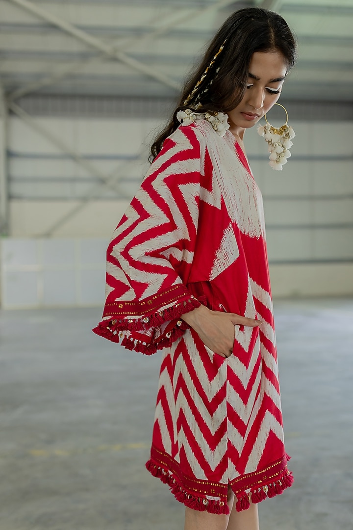 Brick Cotton Satin Embroidered Mini Vacation Dress by Pooja & Keyur at Pernia's Pop Up Shop
