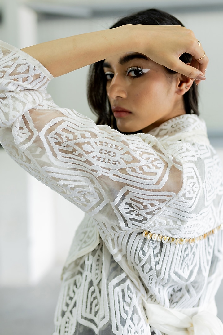 White Organza Trench Jacket by Pooja & Keyur at Pernia's Pop Up Shop