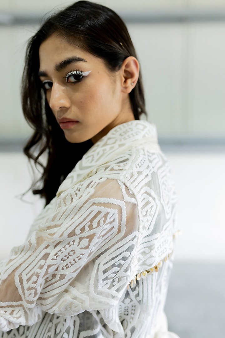 White Organza Trench Jacket by Pooja & Keyur at Pernia's Pop Up Shop