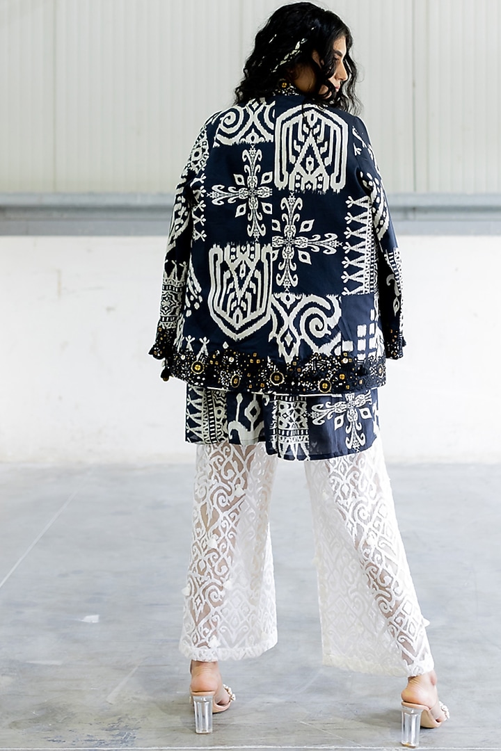 Black Cotton Satin Embroidered Jacket by Pooja & Keyur at Pernia's Pop Up Shop