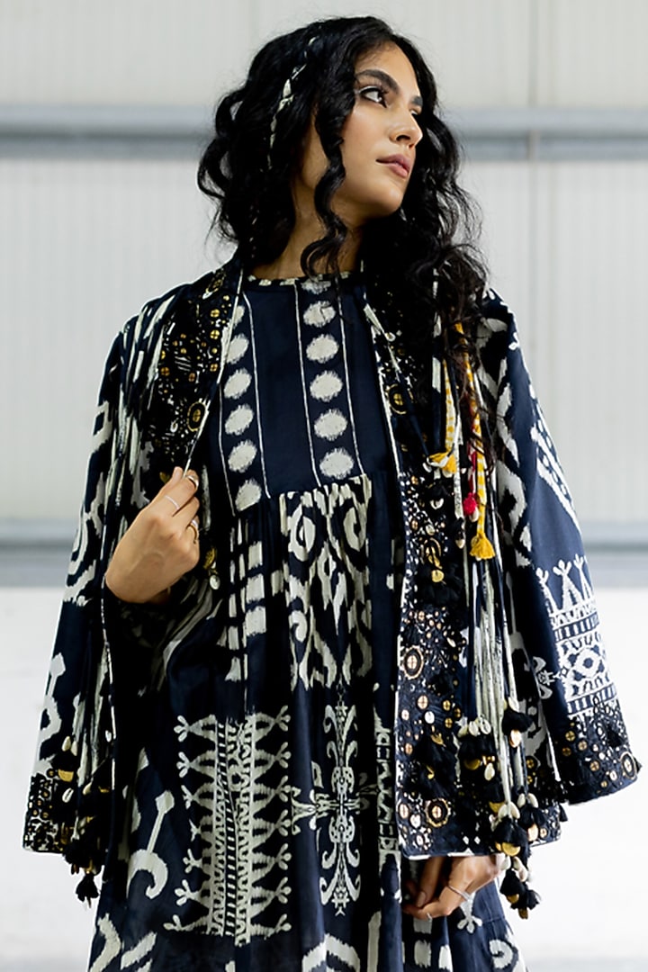Black Cotton Satin Embroidered Jacket by Pooja & Keyur at Pernia's Pop Up Shop