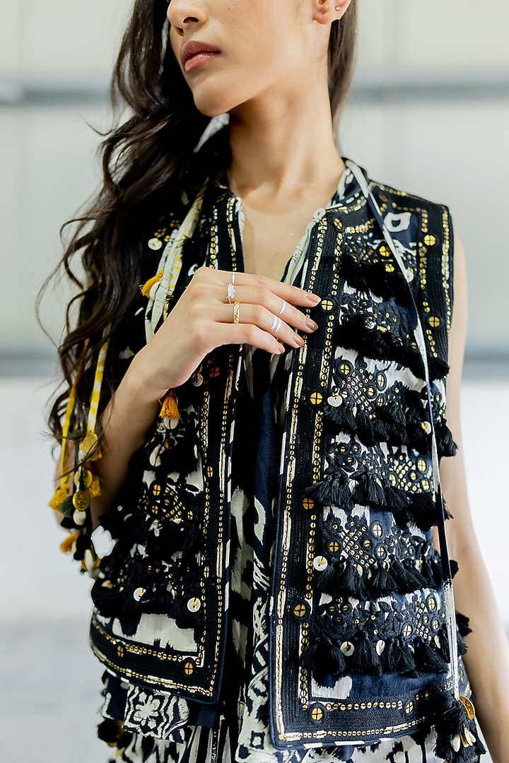 Black Cotton Satin Embroidered Jacket by Pooja & Keyur at Pernia's Pop Up Shop