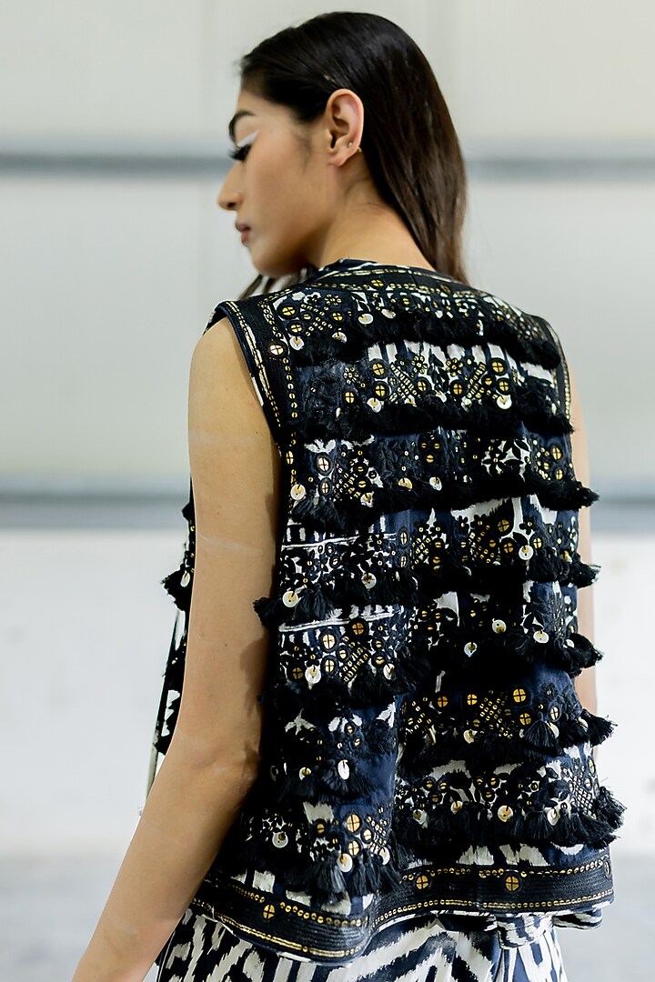Black Cotton Satin Embroidered Jacket by Pooja & Keyur at Pernia's Pop Up Shop