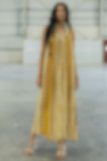 Mustard Cotton Silk Embroidered Maxi Vacation Dress by Pooja & Keyur at Pernia's Pop Up Shop
