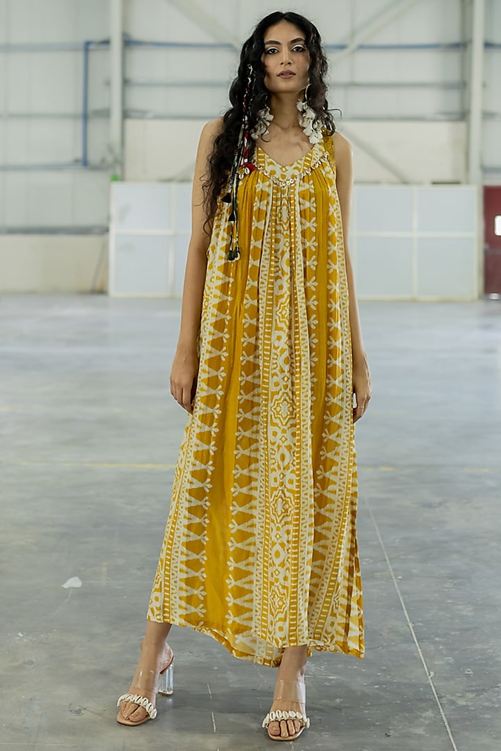 Mustard Cotton Silk Embroidered Maxi Dress by Pooja & Keyur