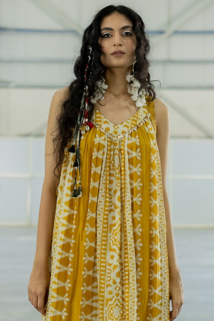 Mustard Cotton Silk Embroidered Maxi Vacation Dress by Pooja & Keyur at Pernia's Pop Up Shop