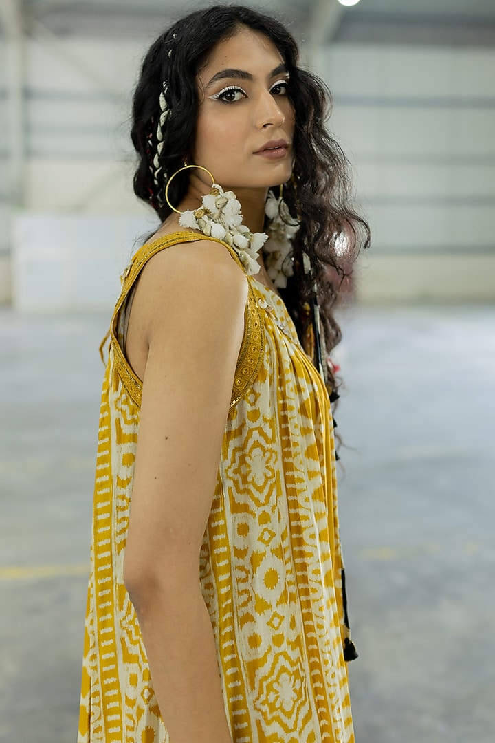 Mustard Cotton Silk Embroidered Maxi Vacation Dress by Pooja & Keyur at Pernia's Pop Up Shop