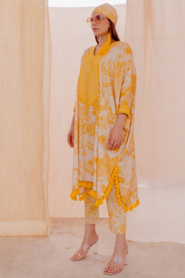 Yellow Printed Kaftan Set by Pooja & Keyur
