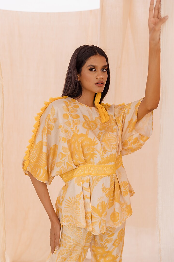 Yellow Cotton Satin Printed Co-Ord Set by Pooja & Keyur at Pernia's Pop Up Shop