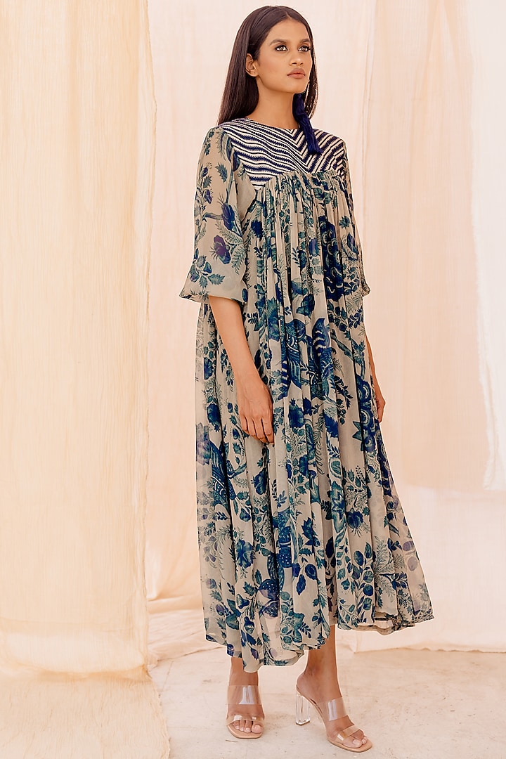 Blue Chiffon Printed Dress by Pooja & Keyur