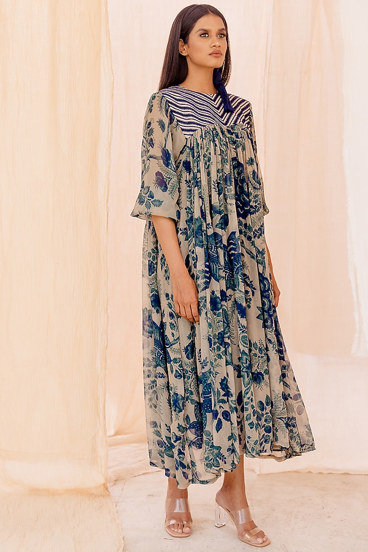 Blue Chiffon Printed Vacation Dress by Pooja & Keyur at Pernia's Pop Up Shop