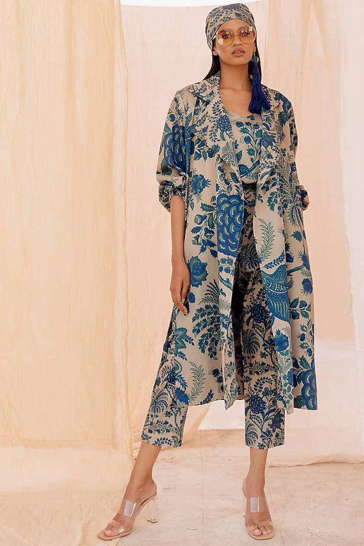 Blue Printed Trench Jacket by Pooja & Keyur at Pernia's Pop Up Shop