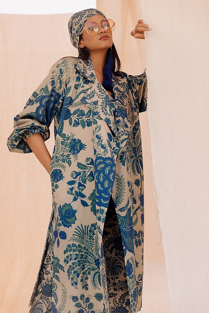 Blue Printed Trench Jacket by Pooja & Keyur at Pernia's Pop Up Shop
