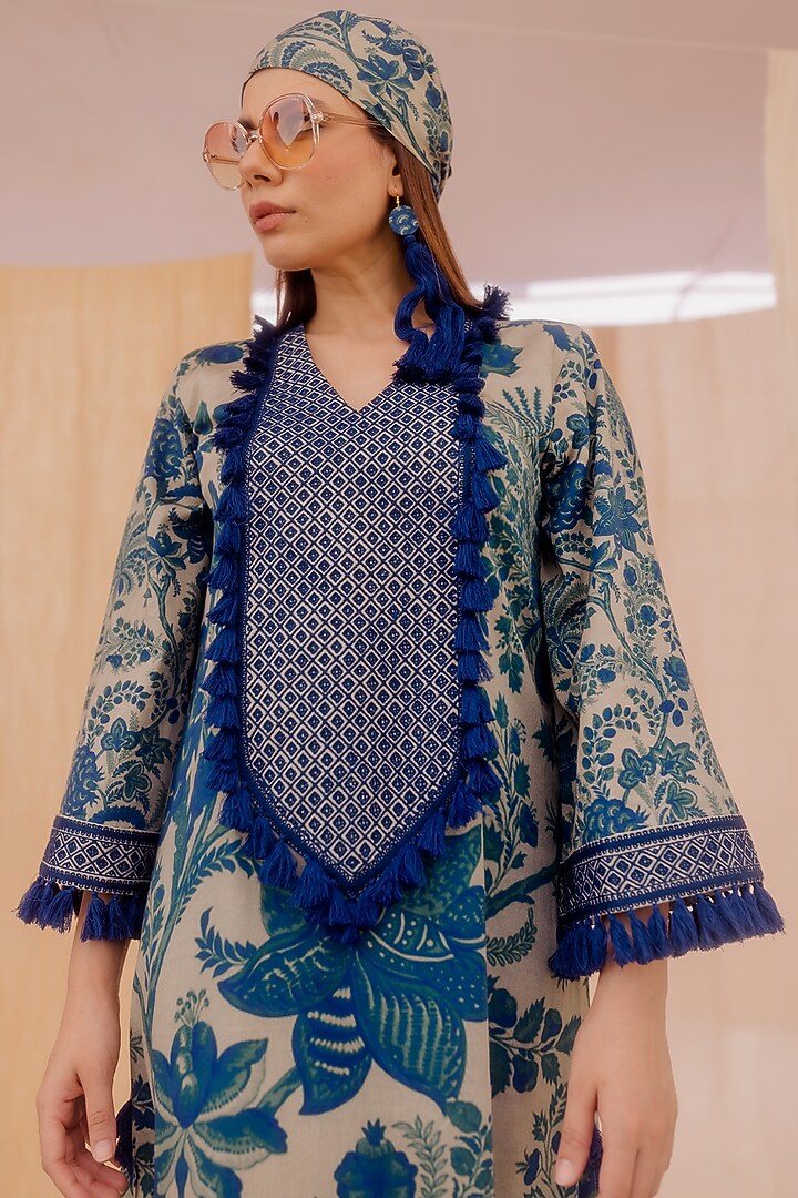 Blue Cotton Satin Printed Kurta by Pooja & Keyur at Pernia's Pop Up Shop