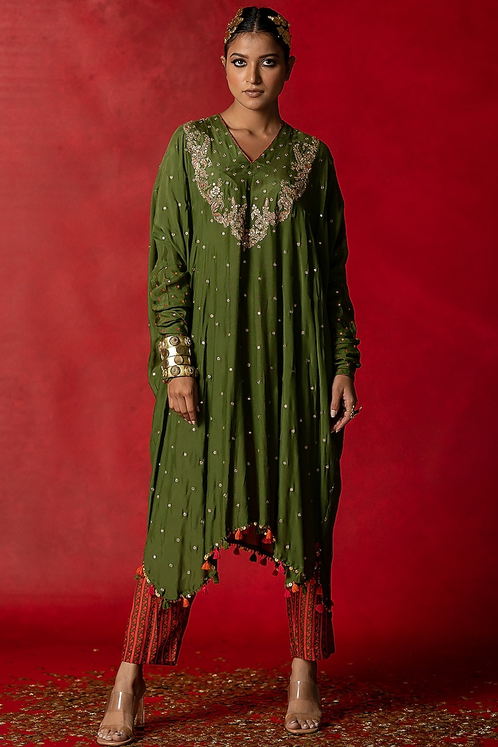 Olive Green Printed & Embroidered Kaftan Set by Pooja & Keyur