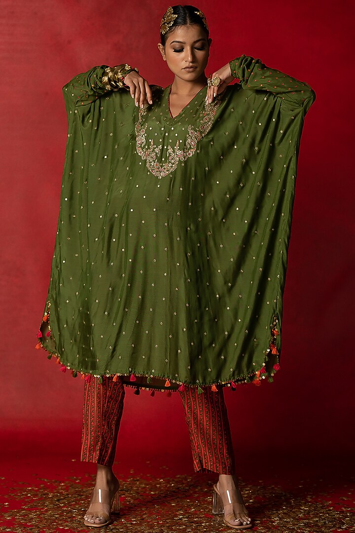 Olive Green Printed & Embroidered Kaftan Set by Pooja & Keyur at Pernia's Pop Up Shop