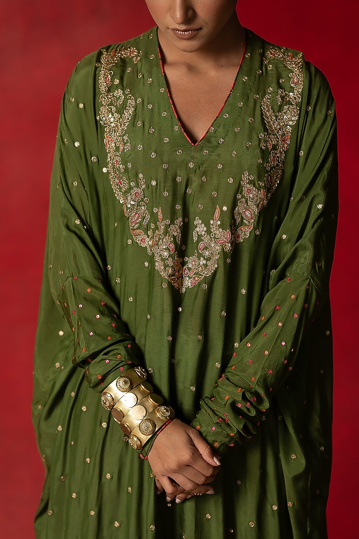 Olive Green Printed & Embroidered Kaftan Set by Pooja & Keyur at Pernia's Pop Up Shop