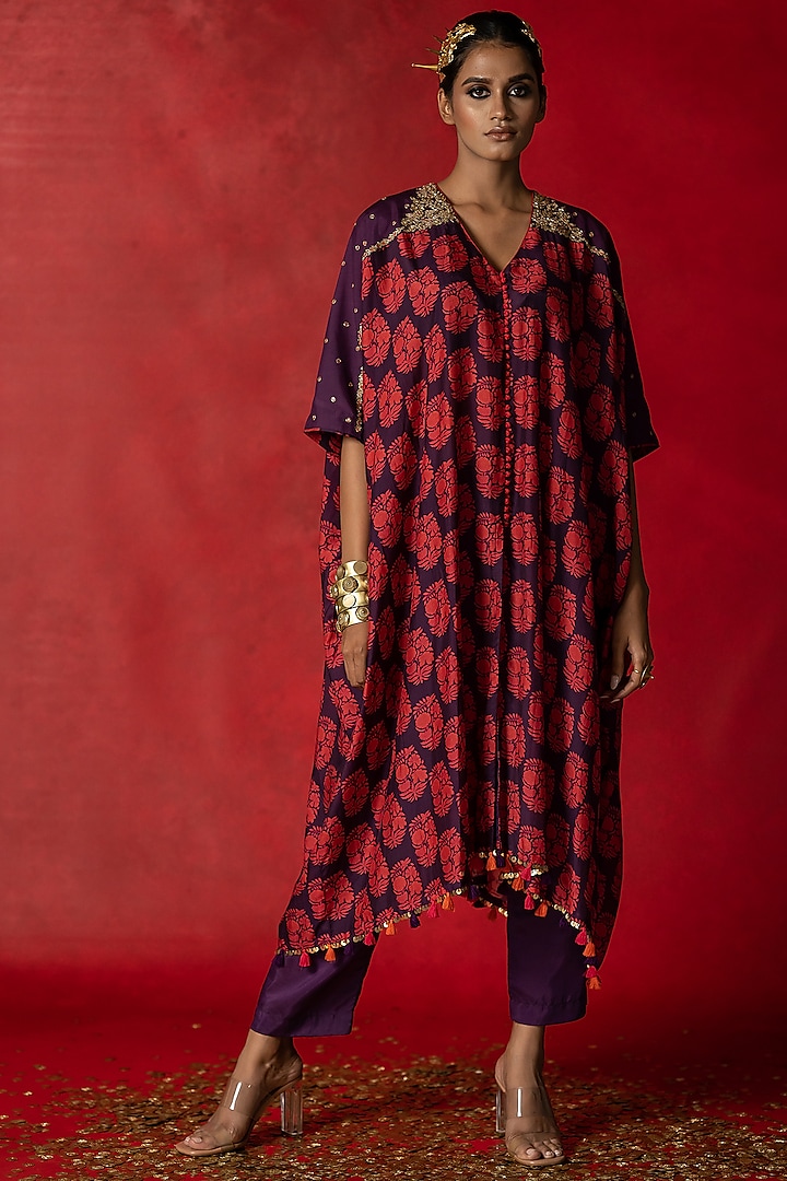 Purple Printed Kaftan Set by Pooja & Keyur