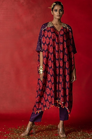 Purple Printed Kaftan Set by Pooja & Keyur
