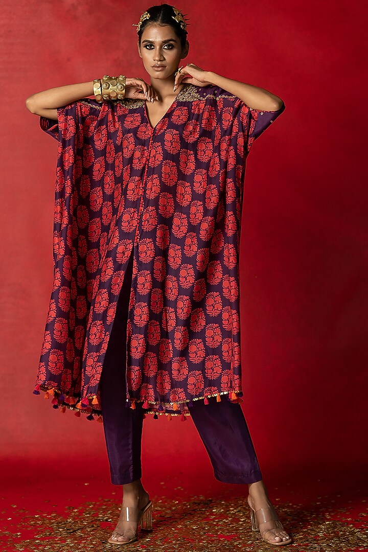 Purple Printed Kaftan Set by Pooja & Keyur at Pernia's Pop Up Shop