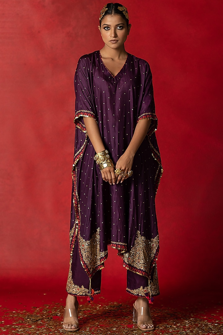 Purple Silk Embroidered Kaftan Set by Pooja & Keyur