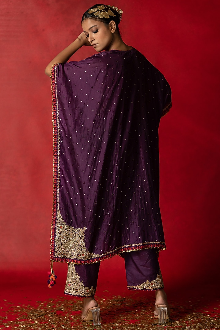 Purple Silk Embroidered Kaftan Set by Pooja & Keyur at Pernia's Pop Up Shop