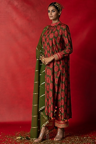 Olive Green Printed Kurta Set by Pooja & Keyur