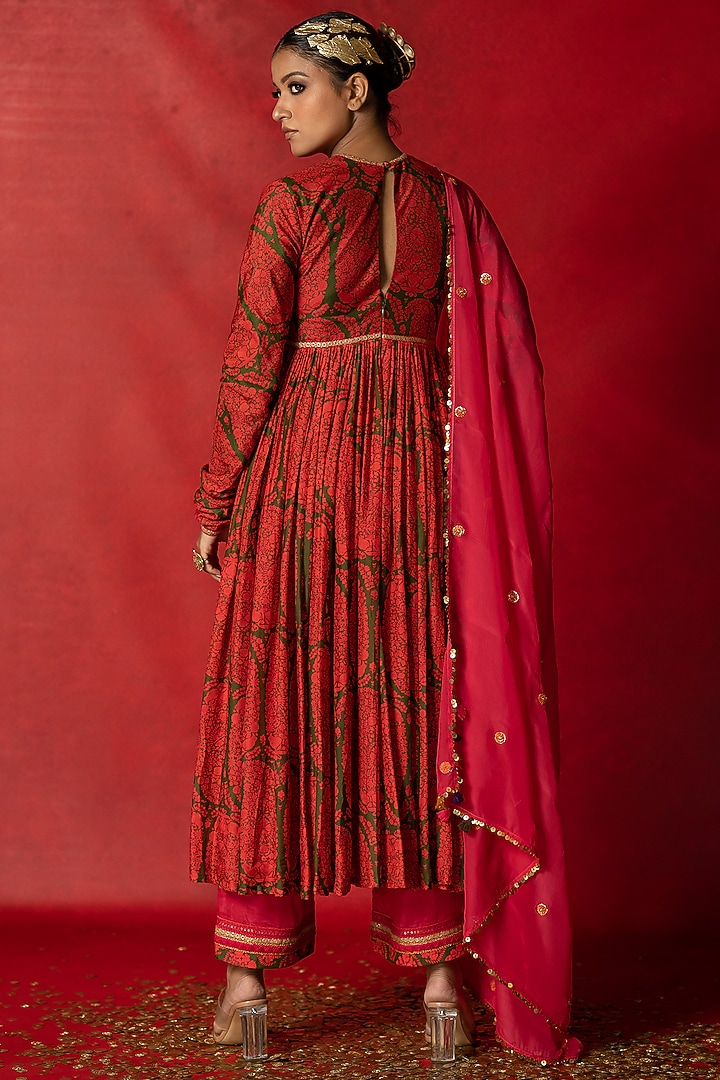 Olive Green Printed Wedding Anarkali Set by Pooja & Keyur at Pernia's Pop Up Shop