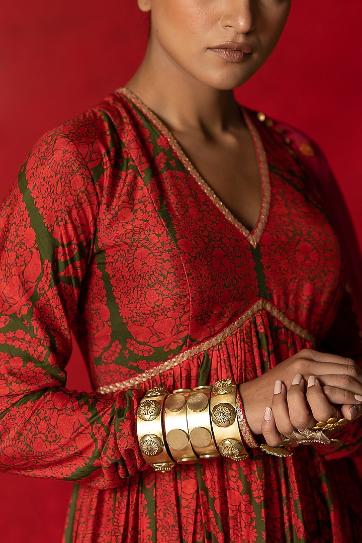 Olive Green Printed Wedding Anarkali Set by Pooja & Keyur at Pernia's Pop Up Shop