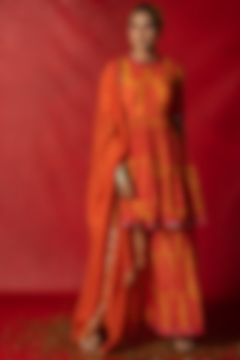 Orange Silk Printed Sharara Set by Pooja & Keyur