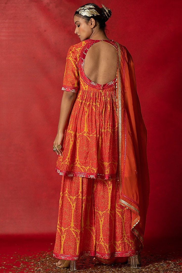 Orange Silk Printed Wedding Sharara Set by Pooja & Keyur at Pernia's Pop Up Shop