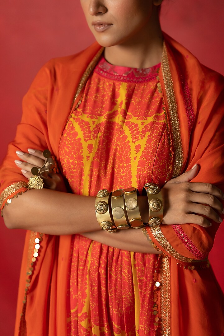 Orange Silk Printed Wedding Sharara Set by Pooja & Keyur at Pernia's Pop Up Shop