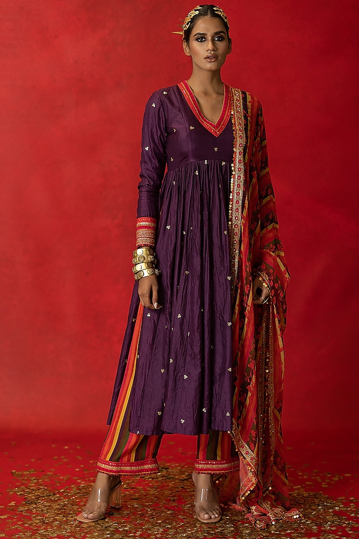 Purple Printed Anarkali Set by Pooja & Keyur